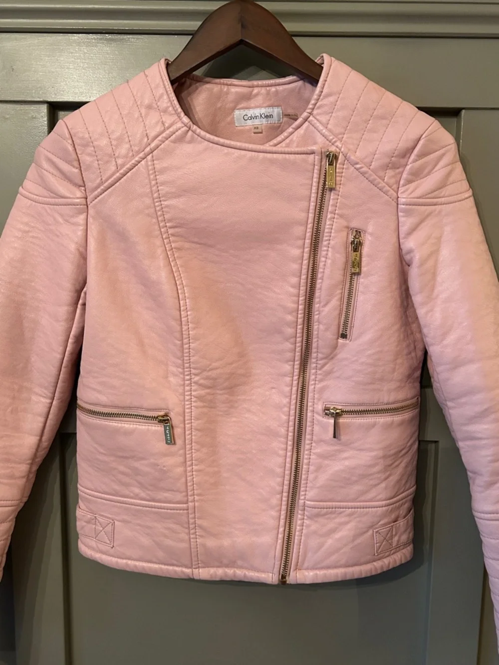 Calvin Klein Faux Leather Quilted Moto Jacket Pink Size XS